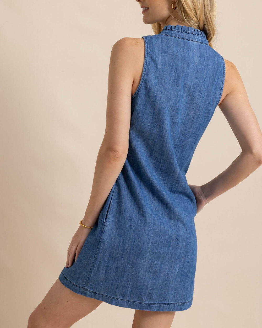 The back view of the Southern Tide Adelyn Denim Dress by Southern Tide - Medium Wash Indigo