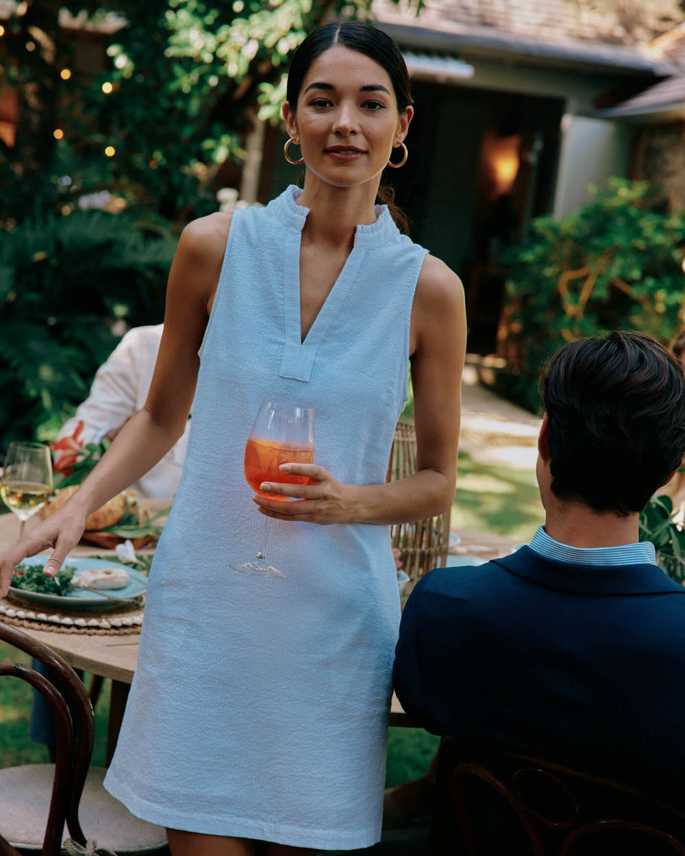 The front view of the Southern Tide Adelyn Seersucker Dress by Southern Tide - Clearwater Blue