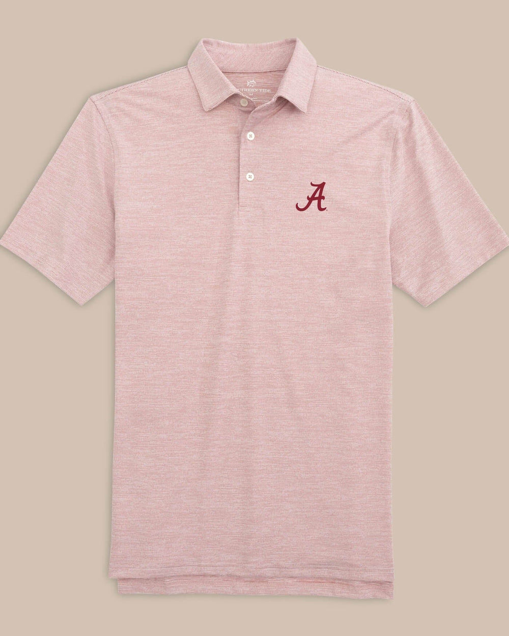 The front of the Alabama Crimson Tide Driver Spacedye Polo Shirt by Southern Tide - Crimson