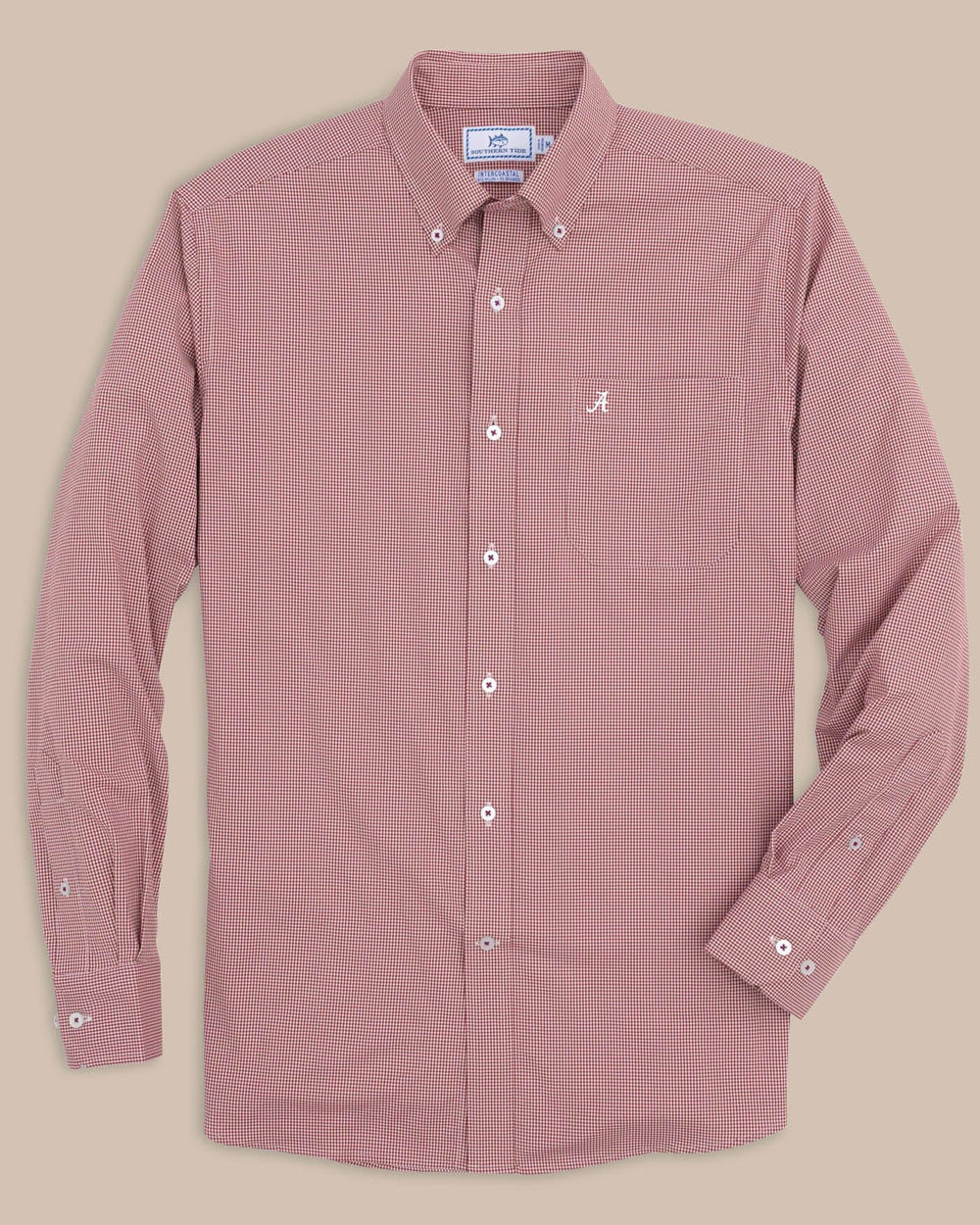 The front view of the Men's Red Alabama Crimson Tide Gingham Button Down Shirt by Southern Tide - Crimson