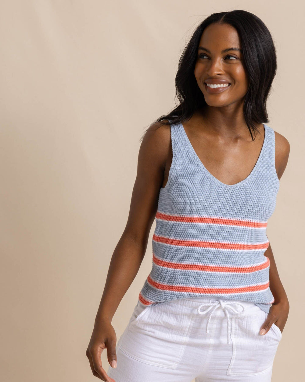 The front view of the Southern Tide Alli Striped Sweater Tank by Southern Tide - Subdued Blue