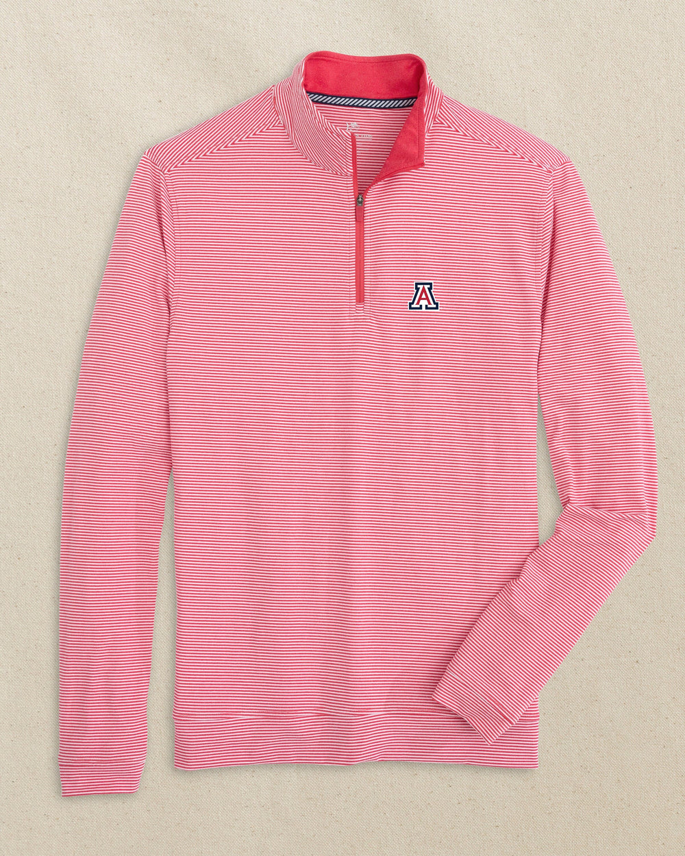 The front view of the Southern Tide Arizona Wildcats Cruiser Micro-Stripe Heather Quarter Zip by Southern Tide - Heather Varsity Red