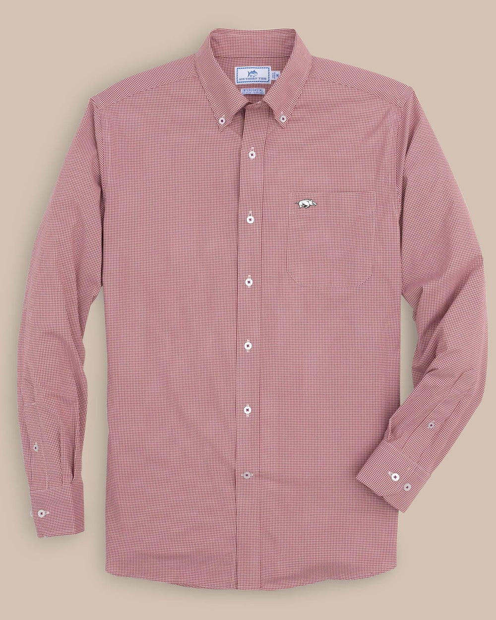 The front view of the Arkansas Razorbacks Gingham Button Down Shirt by Southern Tide - Crimson