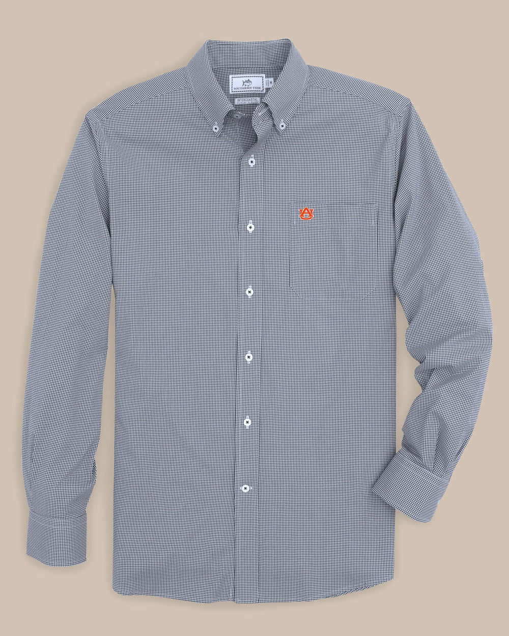 The front view of the Men's Navy Auburn Tigers Gingham Button Down Shirt by Southern Tide - Navy