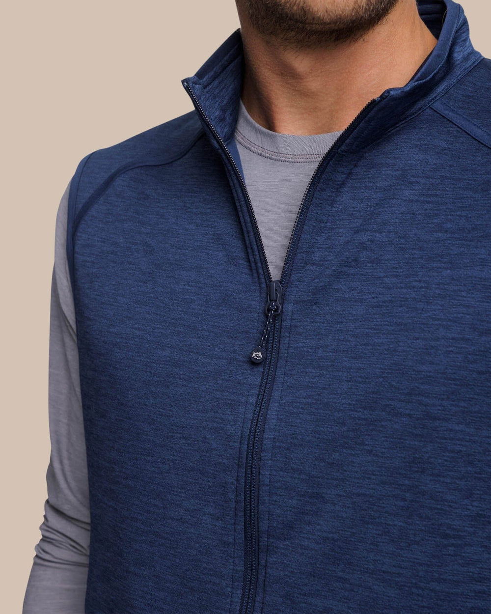The detail view of the Southern Tide Baybrook Heather Vest by Southern Tide - Heather Navy