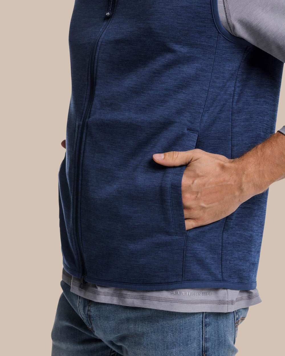 The detail view of the Southern Tide Baybrook Heather Vest by Southern Tide - Heather Navy