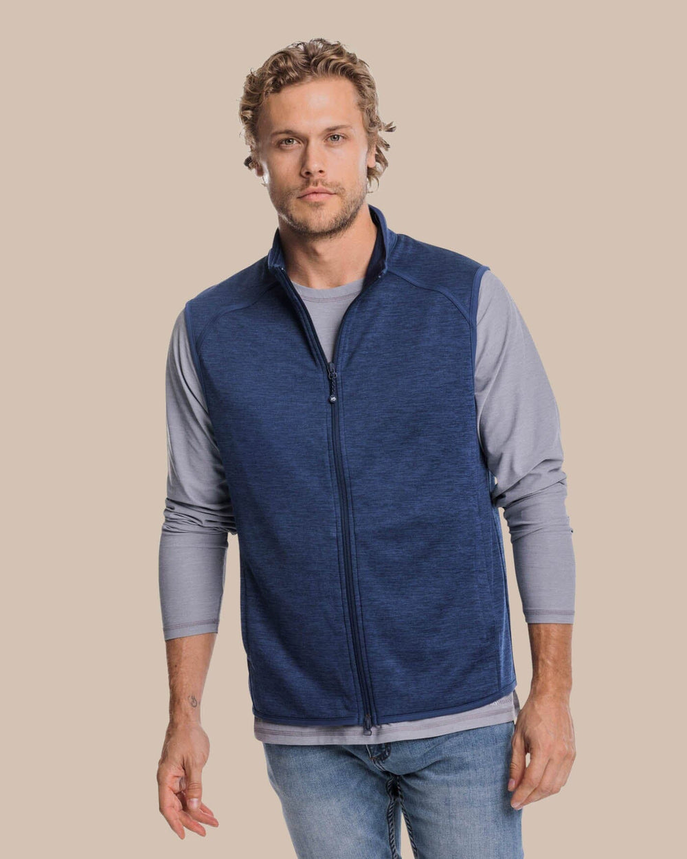 The front view of the Southern Tide Baybrook Heather Vest by Southern Tide - Heather Navy