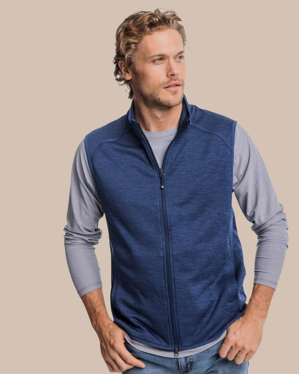 The front view of the Southern Tide Baybrook Heather Vest by Southern Tide - Heather Navy