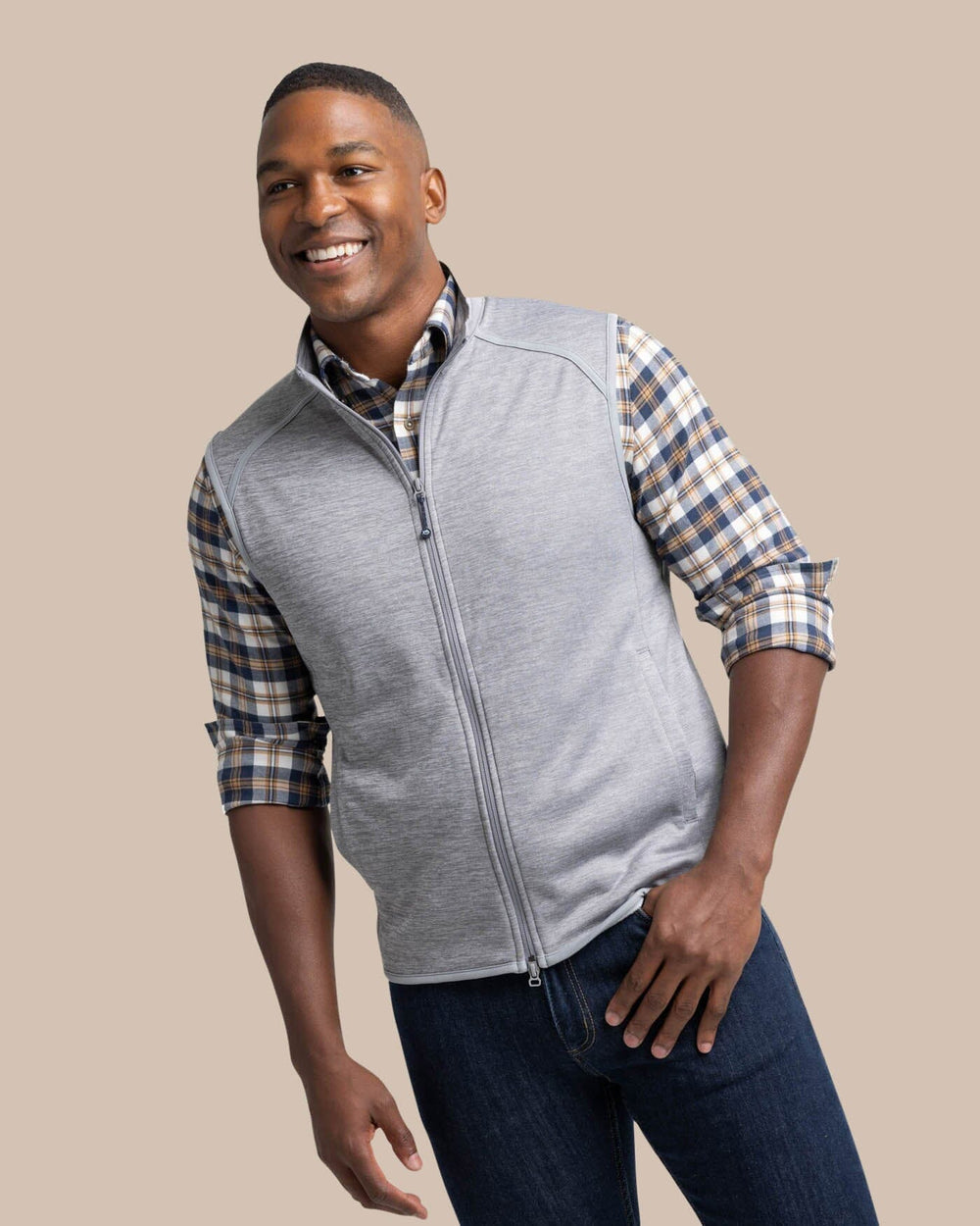 The front view of the Southern Tide Baybrook Heather Vest by Southern Tide - Heather Ultimate Grey