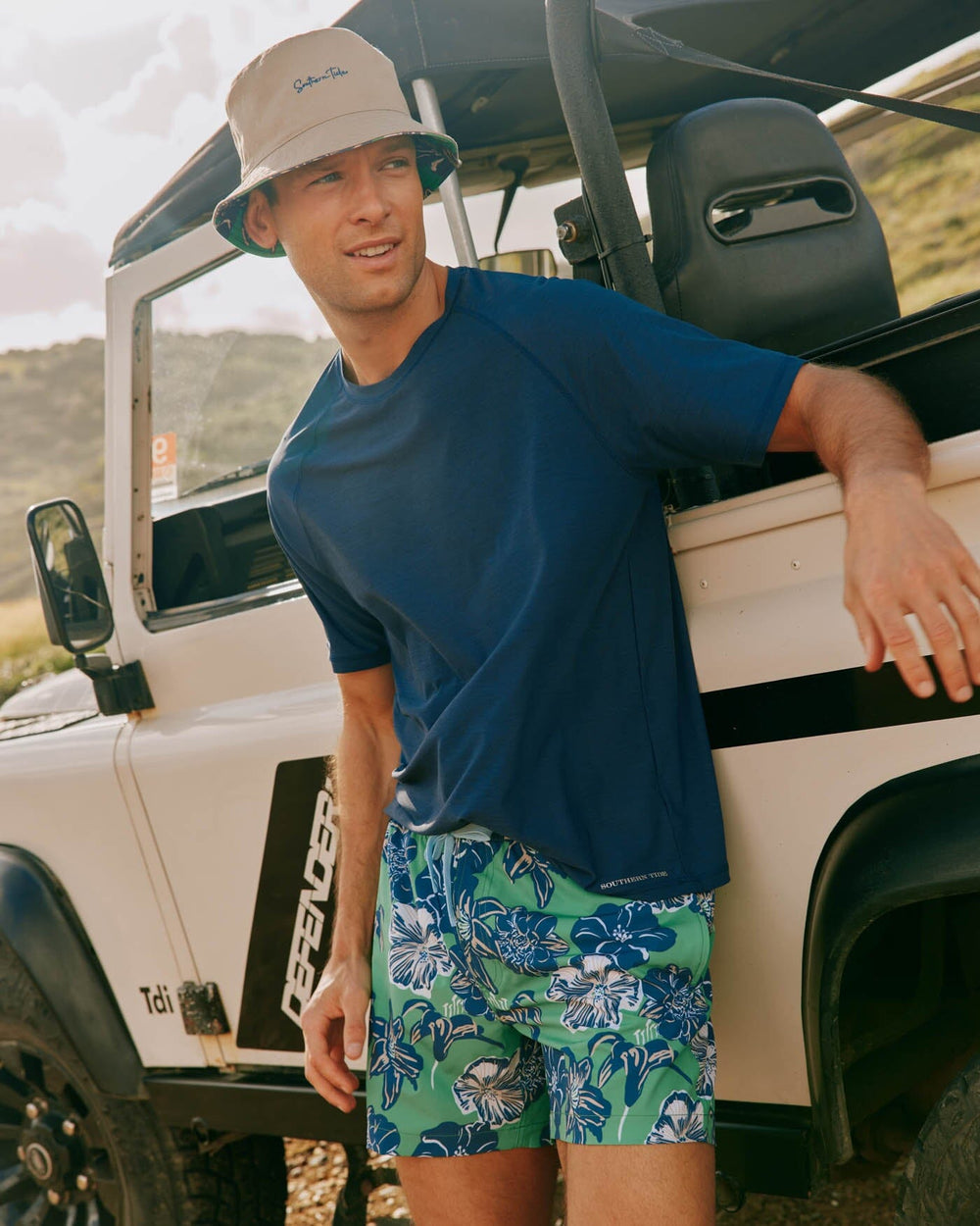 The front view of the Southern Tide Beach Blooms Bucket Hat by Southern Tide - Khaki