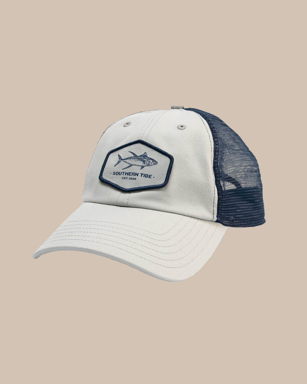 The front view of the Southern Tide Big Tuna Trucker Hat by Southern Tide - Light Grey