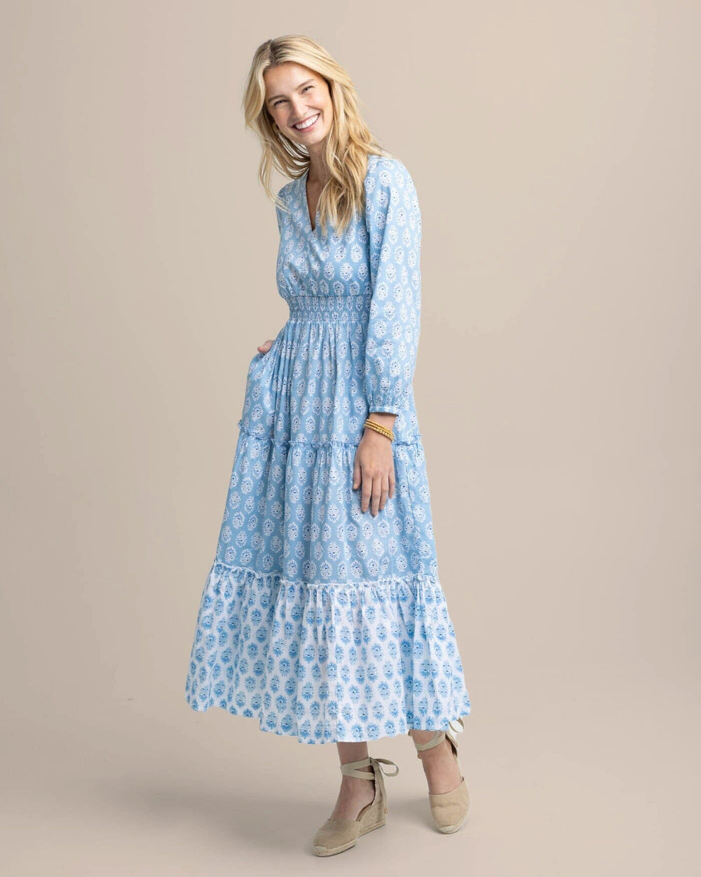 The front view of the Southern Tide Blaire Garden Variety Printed Maxi Dress by Southern Tide - Clearwater Blue