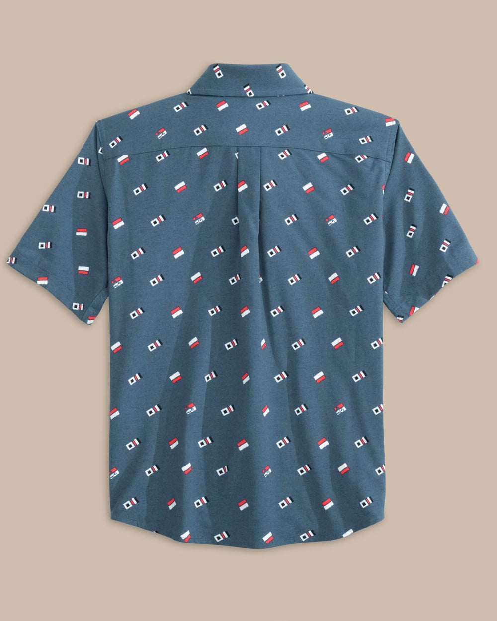 The back view of the Southern Tide Boy's Keep It Nautical Heather Intercoastal Short Sleeve Sport Shirt by Southern Tide - Heather Aged Denim