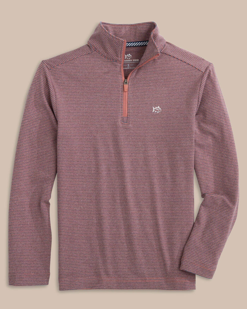 The front view of the Southern Tide Boys Cruiser Heather Micro-Stripe Quarter Zip Pullover by Southern Tide - Heather Dusty Coral