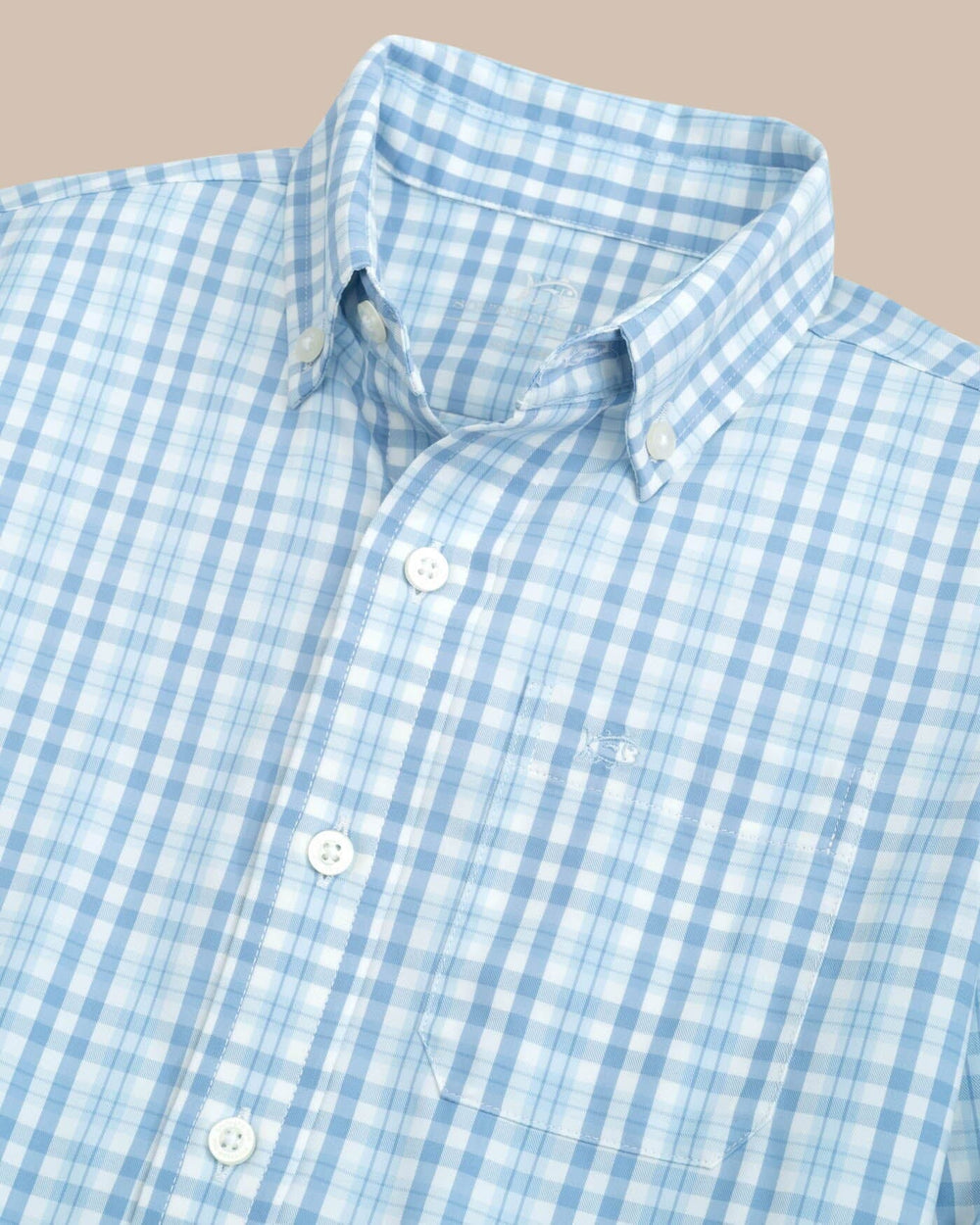 The detail view of the Southern Tide Boys Haywood Plaid Intercoastal Long Sleeve Sportshirt by Southern Tide - Dream Blue