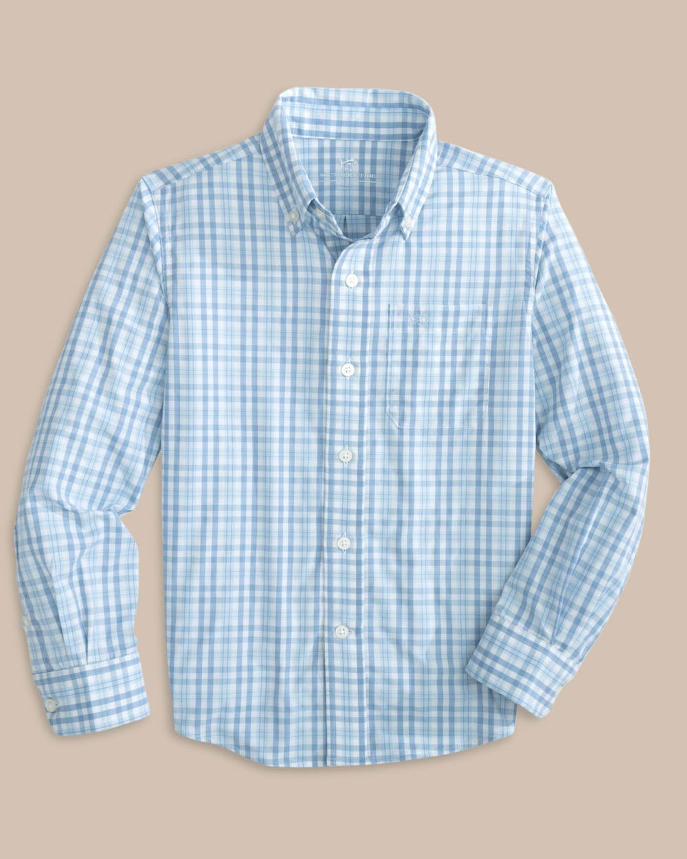 The front view of the Southern Tide Boys Haywood Plaid Intercoastal Long Sleeve Sportshirt by Southern Tide - Dream Blue