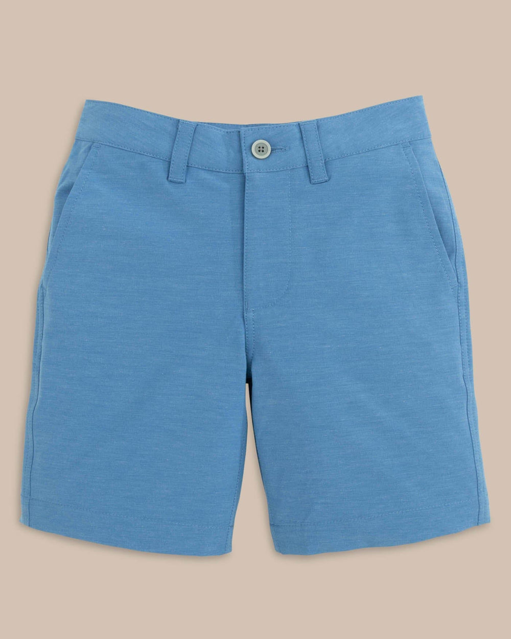 The front view of the Southern Tide Boys Heathered T3 Gulf Short by Southern Tide - Heather Atlantic Blue