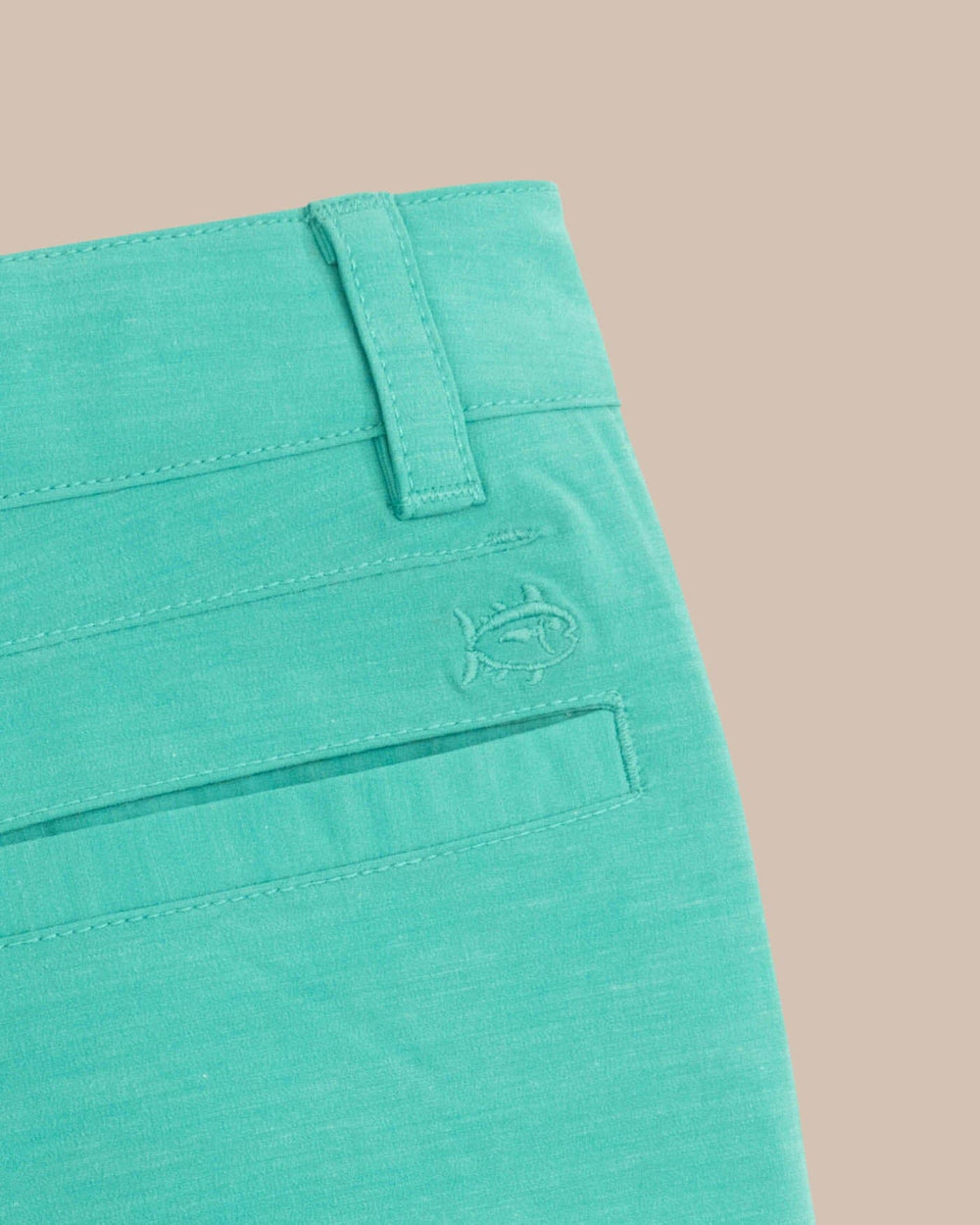 The detail view of the Southern Tide Boys Heathered T3 Gulf Short by Southern Tide - Heather Tidal Wave