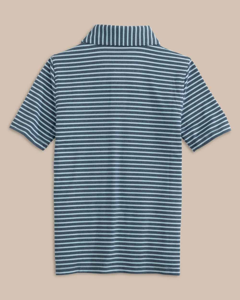The back view of the Southern Tide Boys Ryder Heather Marin Stripe Performance Polo Shirt by Southern Tide - Heather Aged Denim