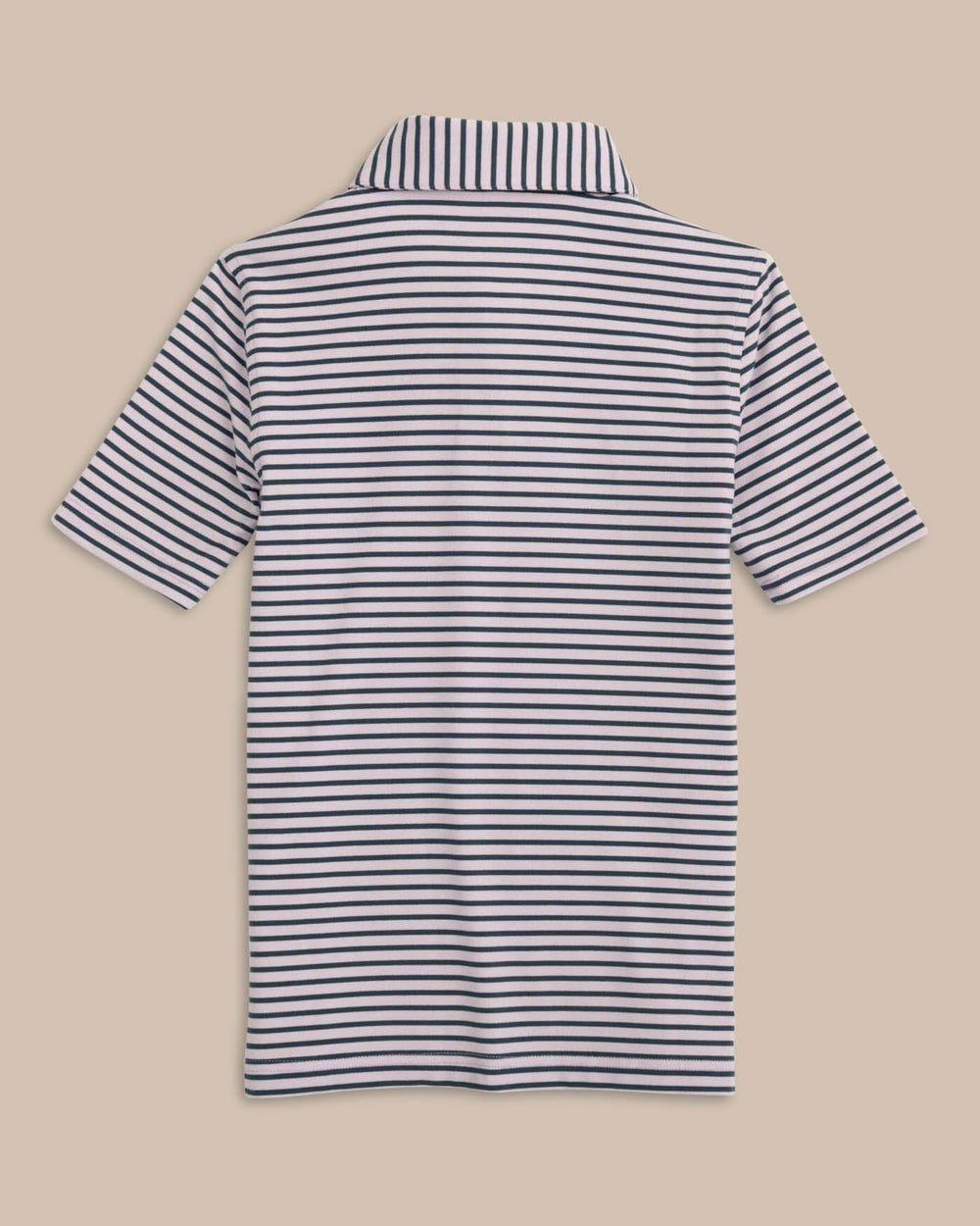 The back view of the Southern Tide Boys Ryder Heather Marin Stripe Performance Polo Shirt by Southern Tide - Heather Orchid Petal