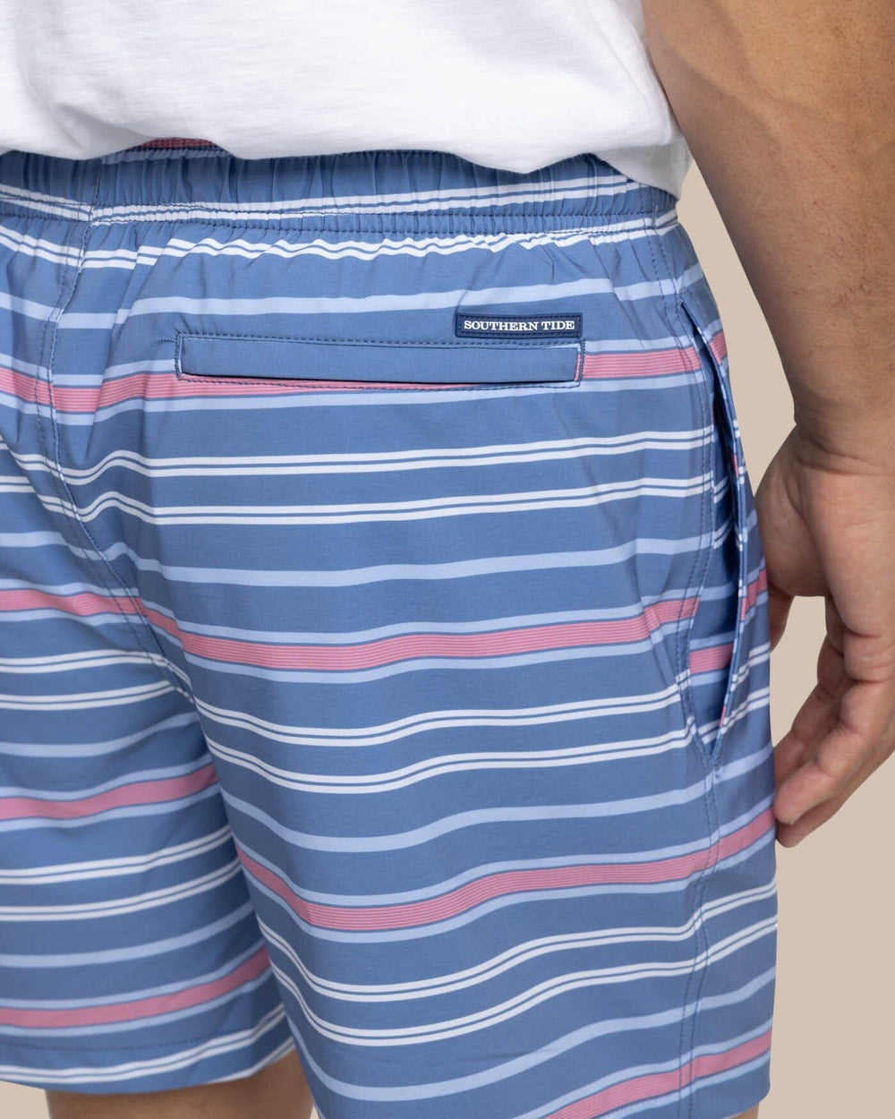 The detail view of the Southern Tide Breton Stripe Swim Trunk by Southern Tide - Coronet Blue