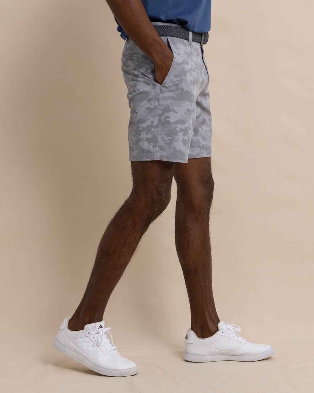 The front view of the Southern Tide brrr die Island Camo Printed Short by Southern Tide - Ultimate Grey