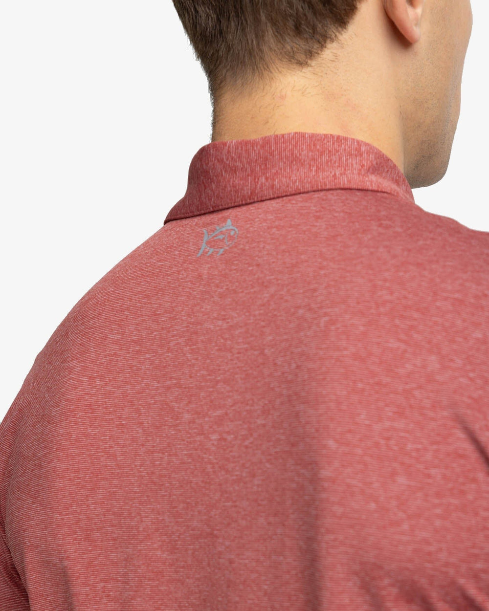 The yoke view of the Southern Tide brrr-eeze Heather Performance Polo Shirt by Southern Tide - Heather Tuscany Red