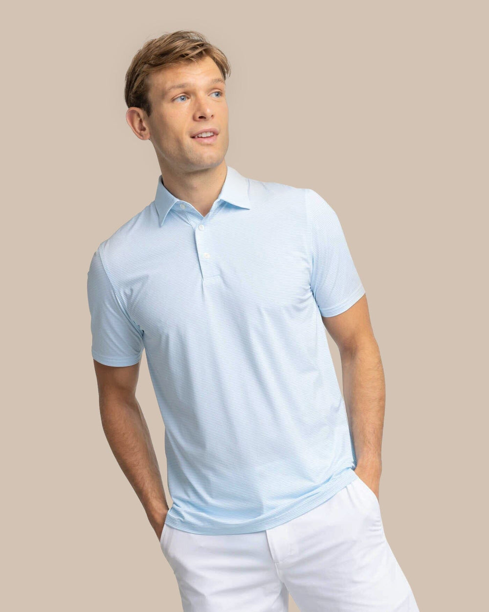 The front view of the Southern Tide brrr-eeze Meadowbrook Stripe Polo by Southern Tide - Clearwater Blue