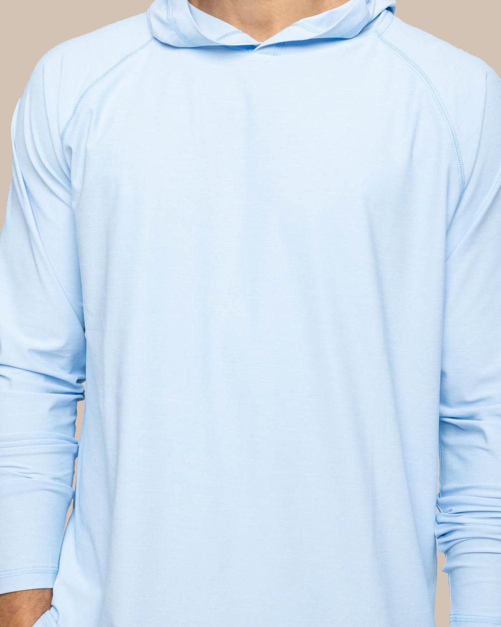 The detail view of the Southern Tide brrr illiant Performance Hoodie by Southern Tide - Clearwater Blue