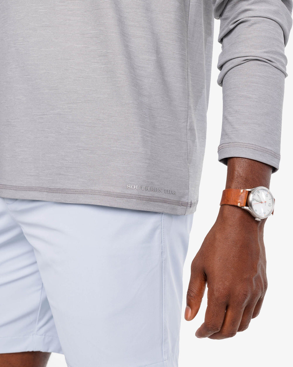 The label view of the Southern Tide brrr-illiant Performance Long Sleeve Tee by Southern Tide - Steel Grey
