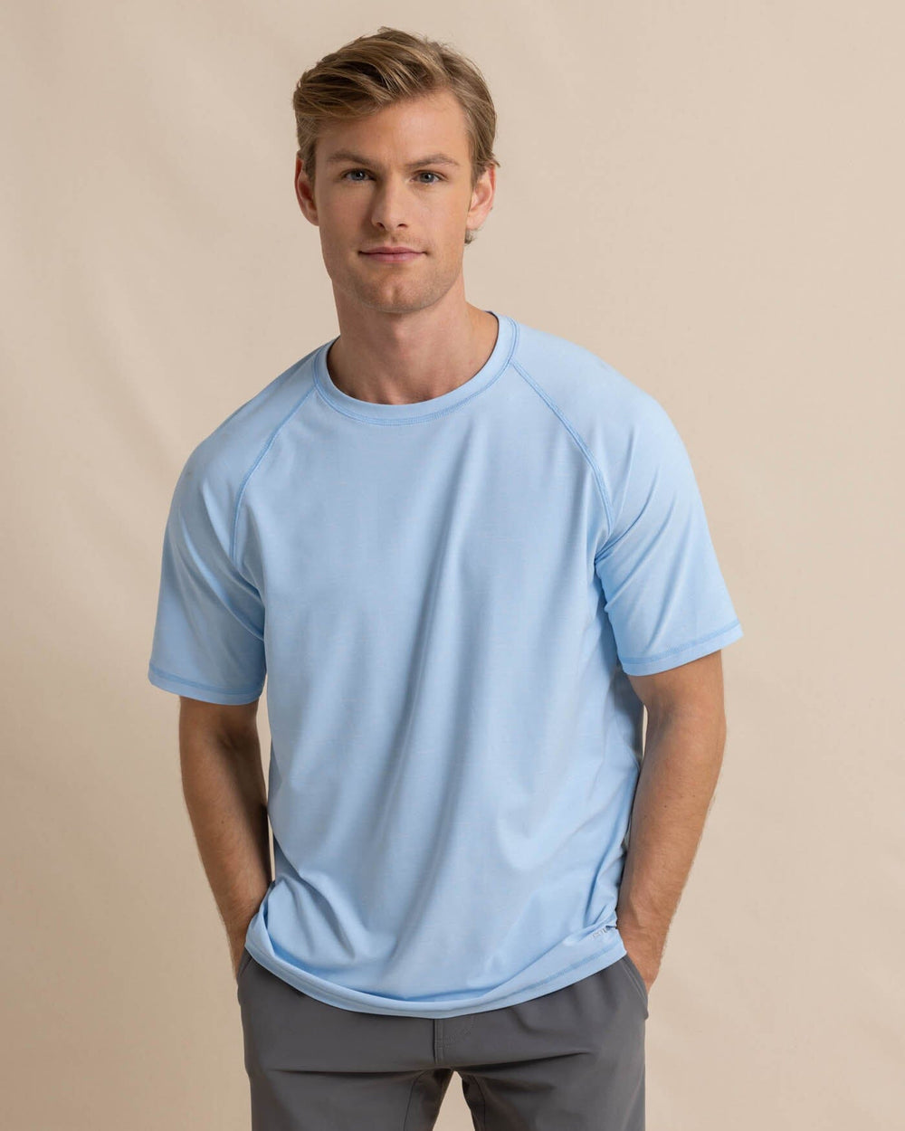 The front view of the Southern Tide brrr illiant Performance T-Shirt by Southern Tide - Clearwater Blue