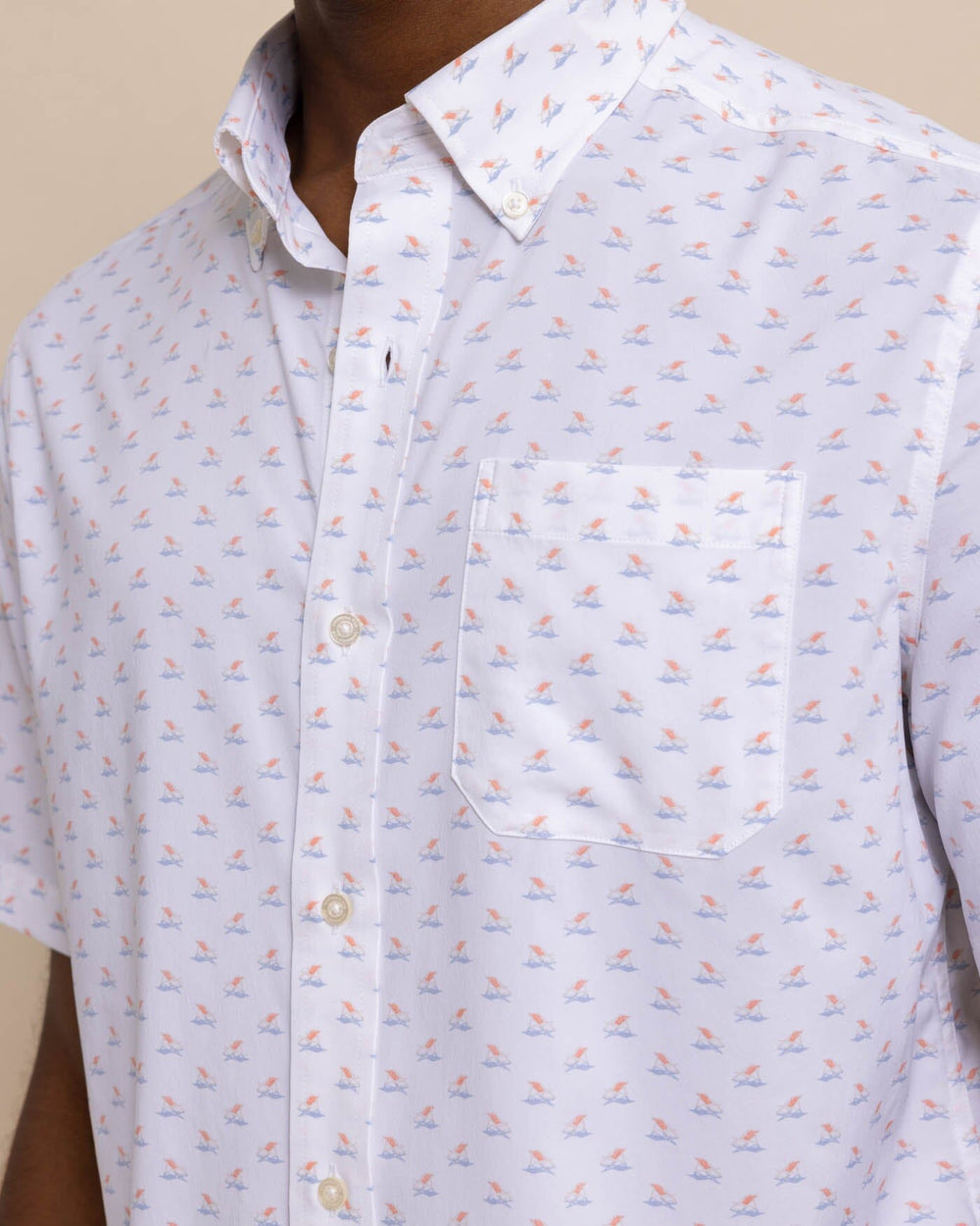 The detail view of the Southern Tide brrr Intercoastal Beach Voyager Short Sleeve SportShirt by Southern Tide - Classic White