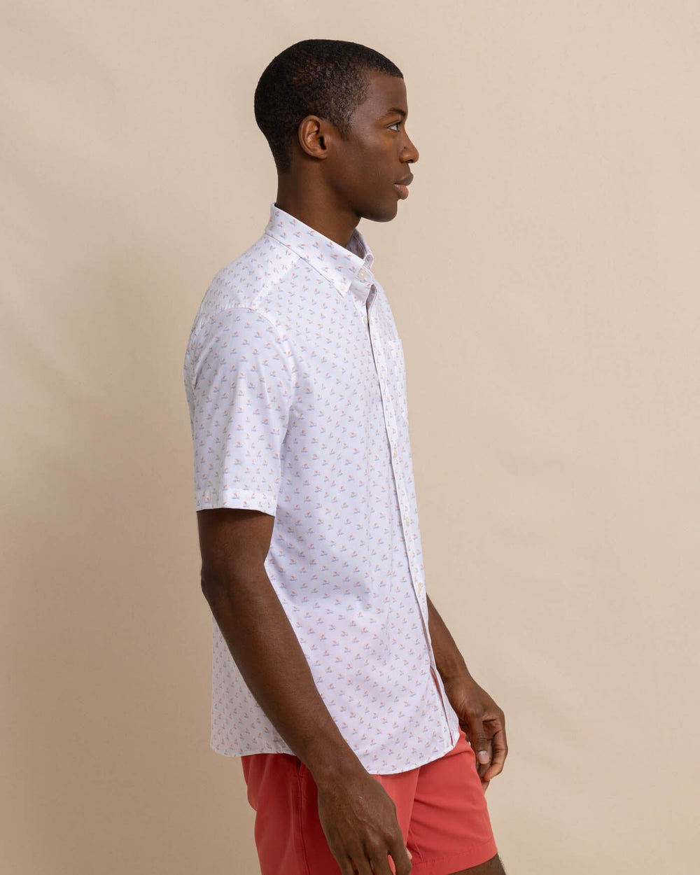 The front view of the Southern Tide brrr Intercoastal Beach Voyager Short Sleeve SportShirt by Southern Tide - Classic White