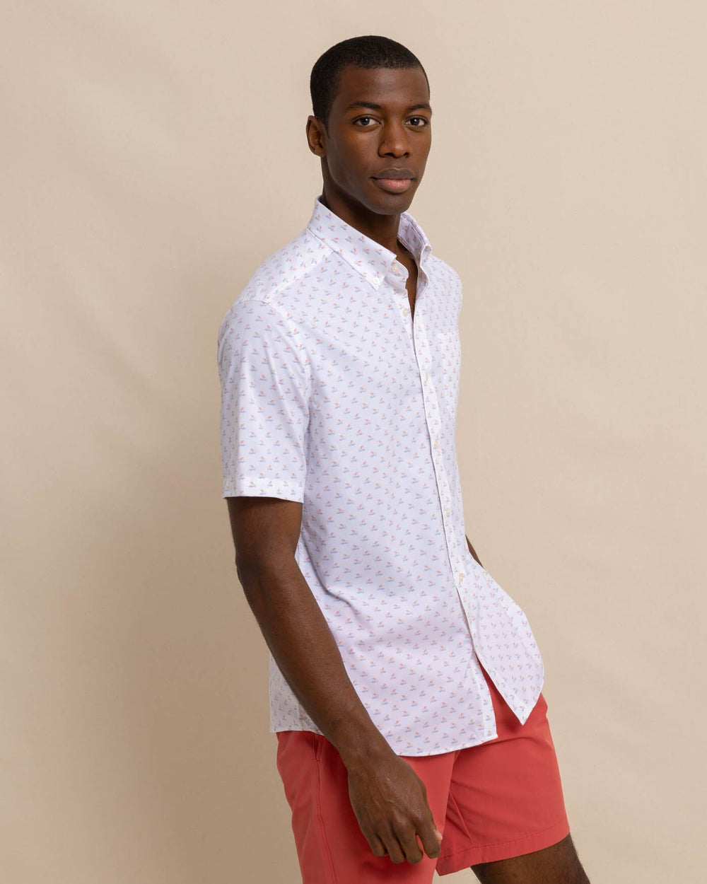 The front view of the Southern Tide brrr Intercoastal Beach Voyager Short Sleeve SportShirt by Southern Tide - Classic White