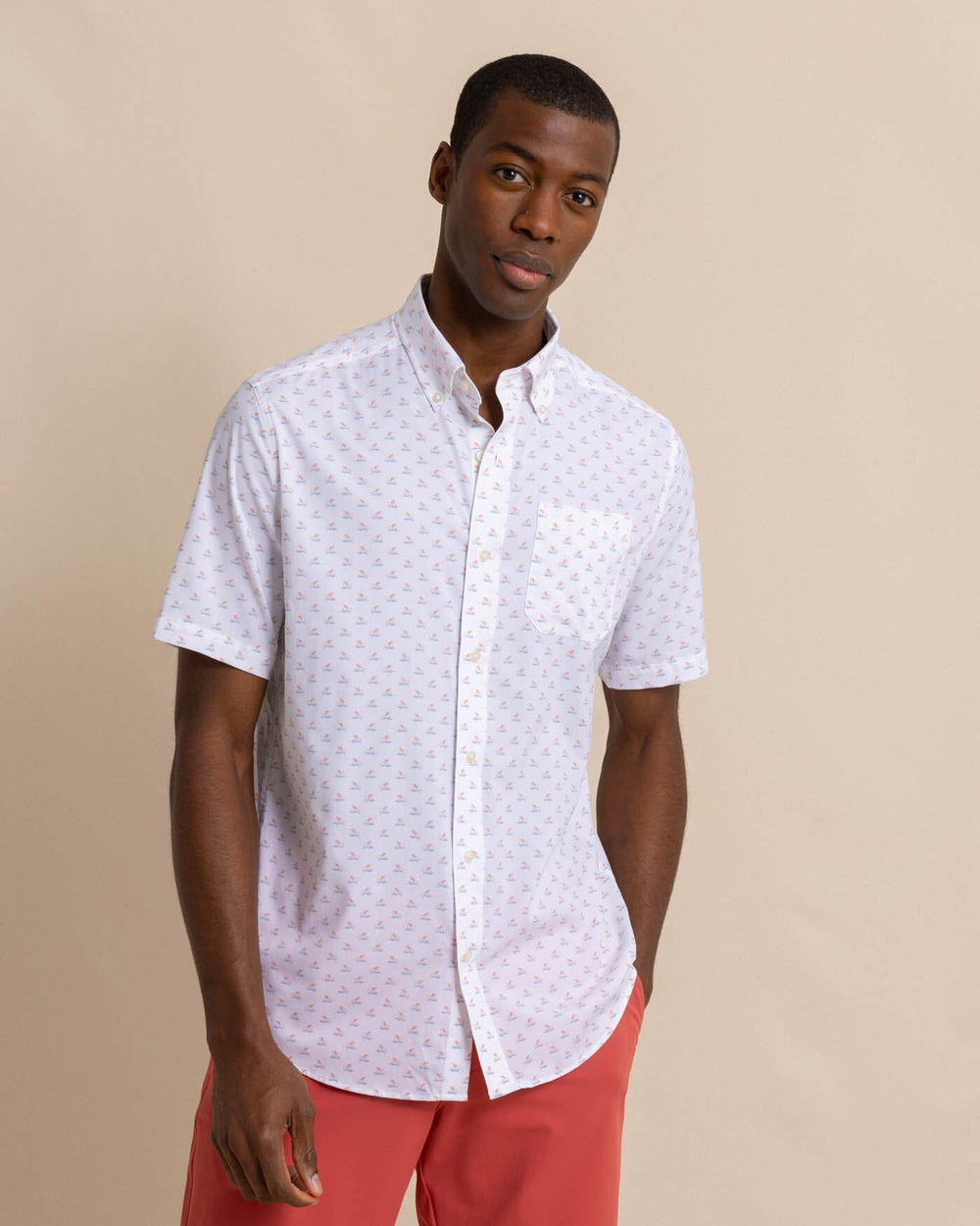 The front view of the Southern Tide brrr Intercoastal Beach Voyager Short Sleeve SportShirt by Southern Tide - Classic White