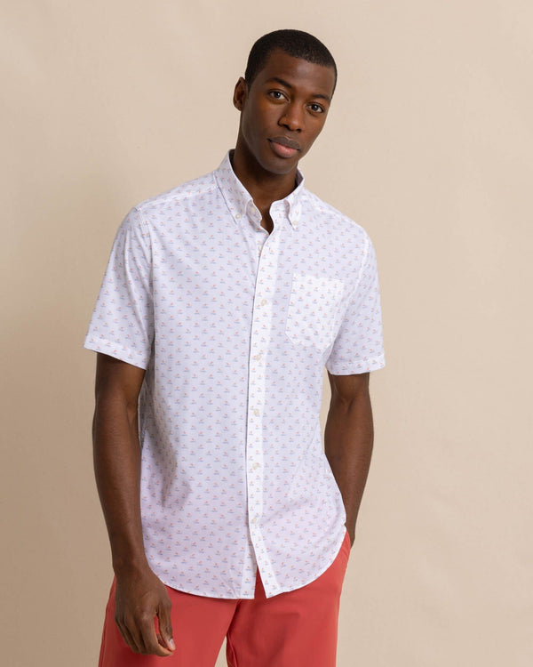 The front view of the Southern Tide brrr Intercoastal Beach Voyager Short Sleeve SportShirt by Southern Tide - Classic White