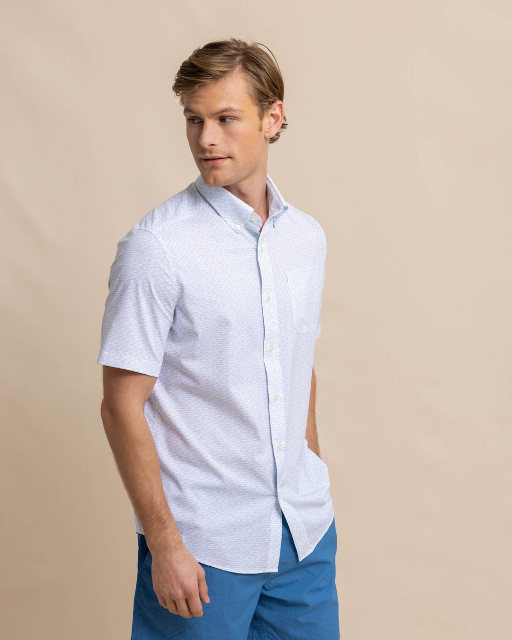 The front view of the Southern Tide brrr Intercoastal Casual Water Short Sleeve SportShirt by Southern Tide - Classic White
