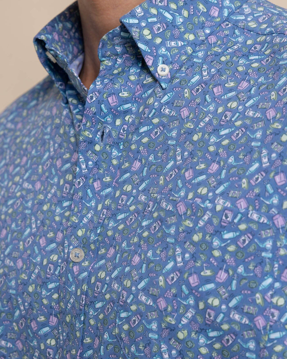 The detail view of the Southern Tide brrr Intercoastal Dazed and Transfused Short Sleeve Sport Shirt by Southern Tide - Coronet Blue