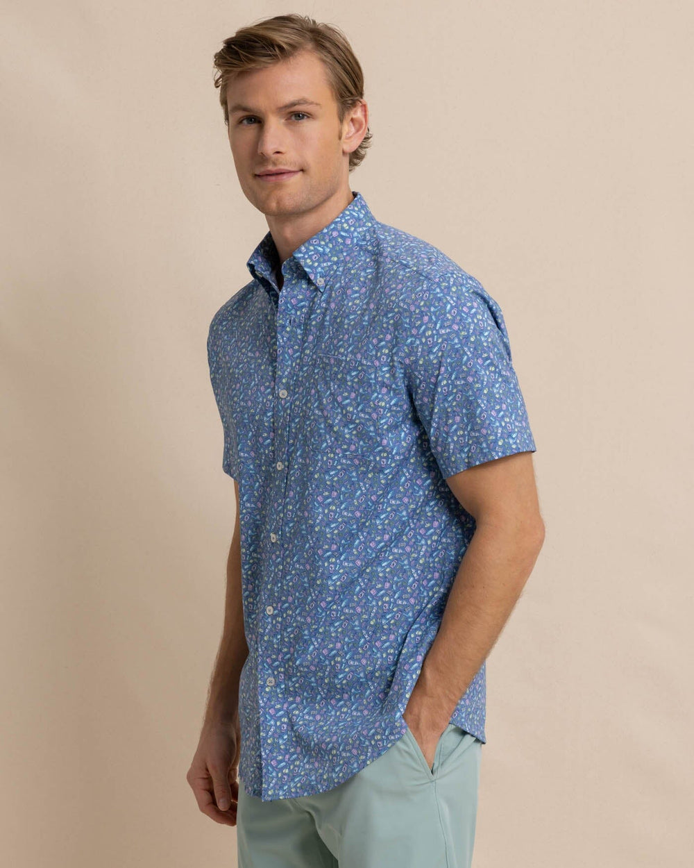 The front view of the Southern Tide brrr Intercoastal Dazed and Transfused Short Sleeve Sport Shirt by Southern Tide - Coronet Blue
