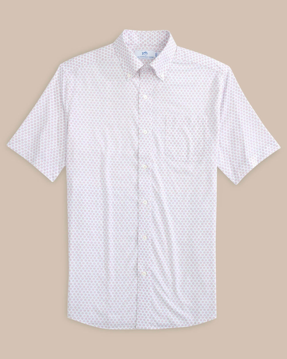 The front view of the Southern Tide brrr Intercoastal Floral To See Short Sleeve Sportshirt by Southern Tide - Geranium Pink