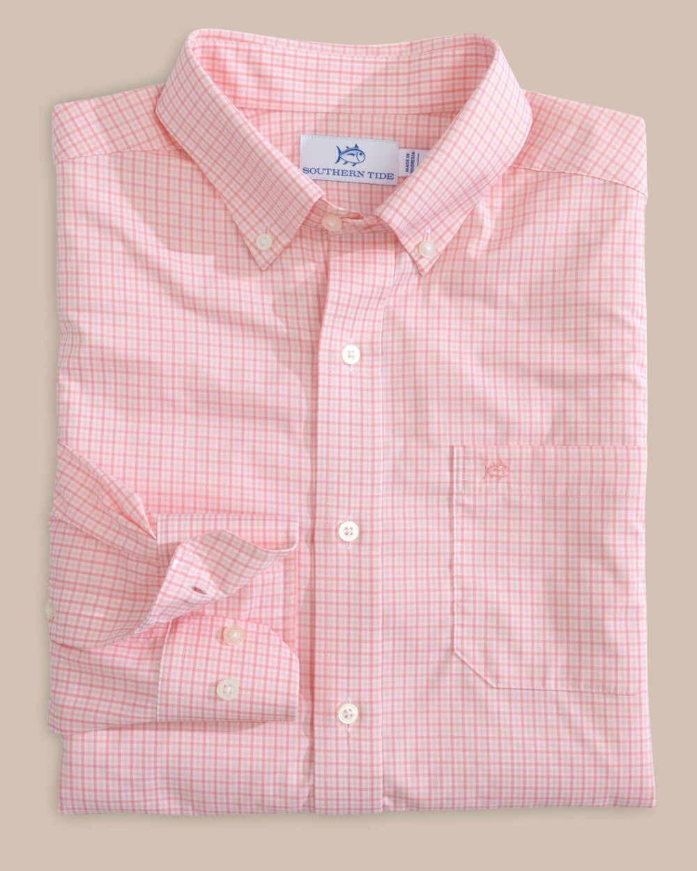 The front view of the Southern Tide brrr Intercoastal McBee Check Long Sleeve Sportshirt by Southern Tide - Geranium Pink