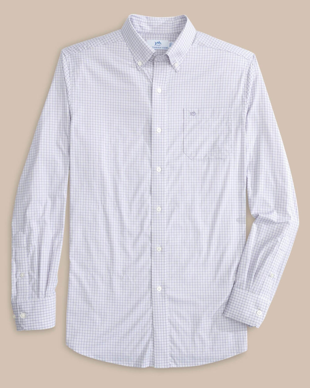 The front view of the Southern Tide brrr Intercoastal McBee Check Long Sleeve Sportshirt by Southern Tide - Wisteria Purple
