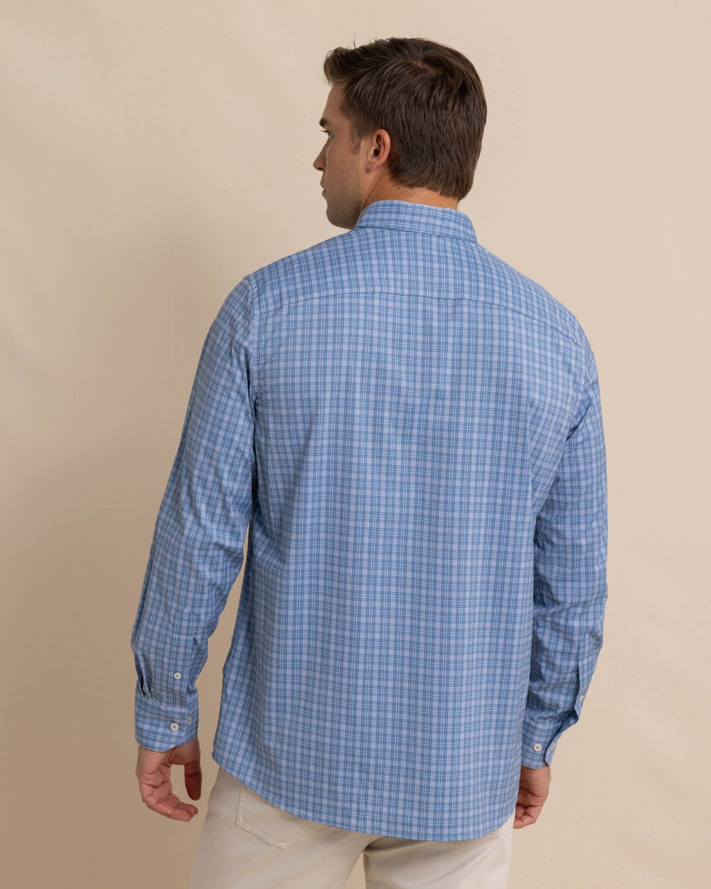 The back view of the Southern Tide brrr Intercoastal Pettigru Plaid Long Sleeve SportShirt by Southern Tide - Coronet Blue