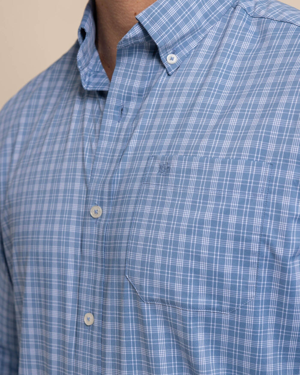 The detail view of the Southern Tide brrr Intercoastal Pettigru Plaid Long Sleeve SportShirt by Southern Tide - Coronet Blue