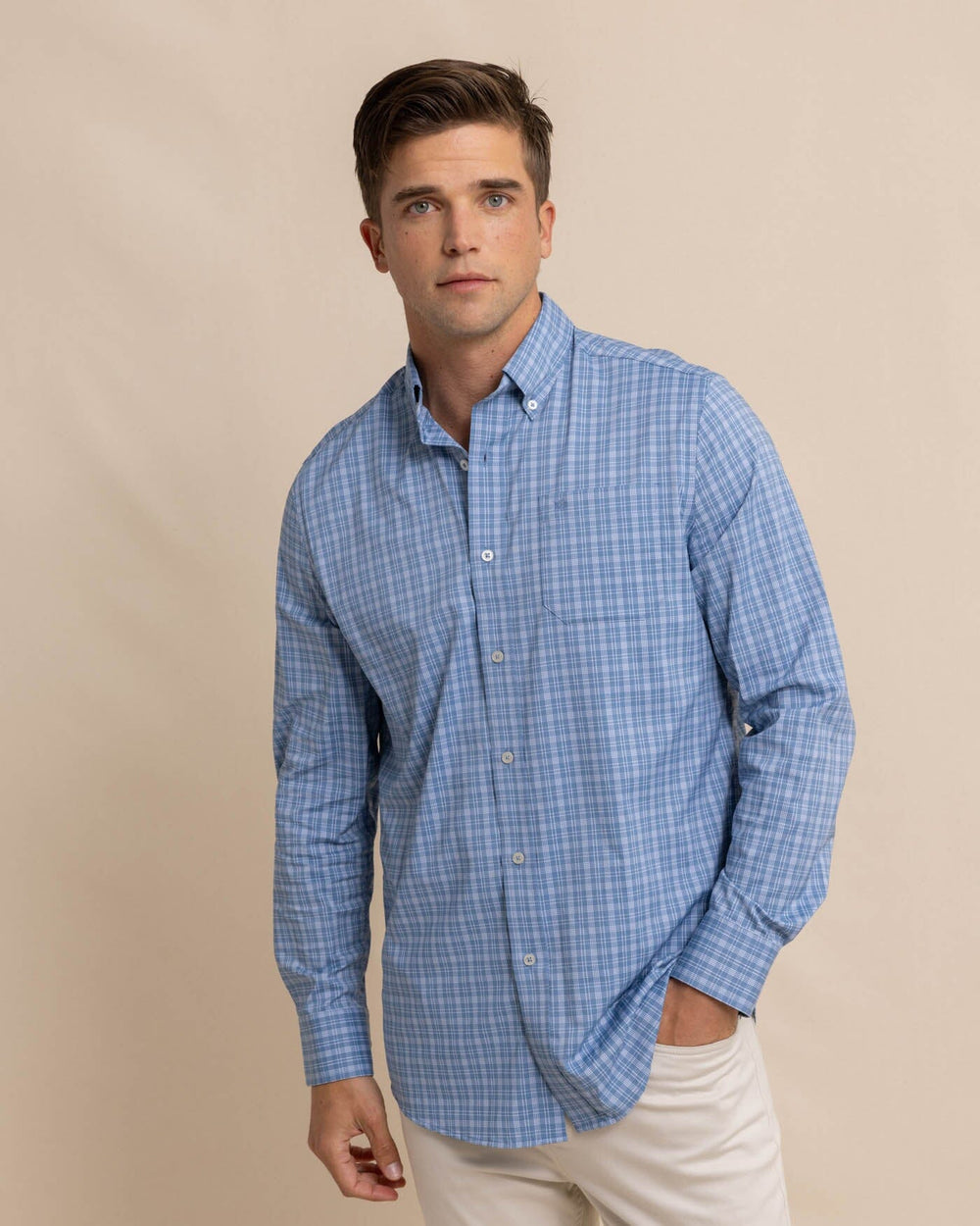 The front view of the Southern Tide brrr Intercoastal Pettigru Plaid Long Sleeve SportShirt by Southern Tide - Coronet Blue