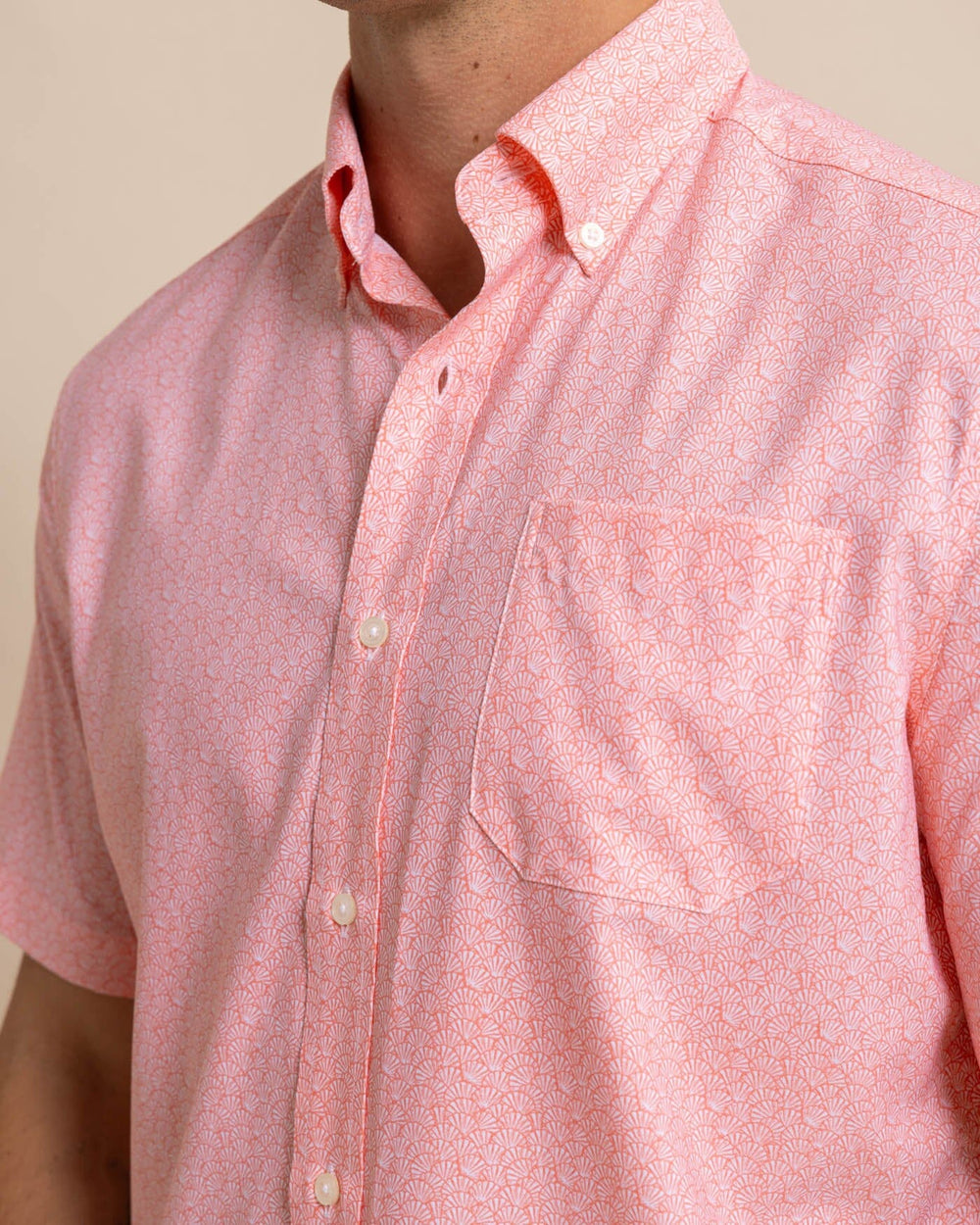 The detail view of the Southern Tide brrr Intercoastal What the Shell Short Sleeve Sportshirt by Southern Tide - Conch Shell