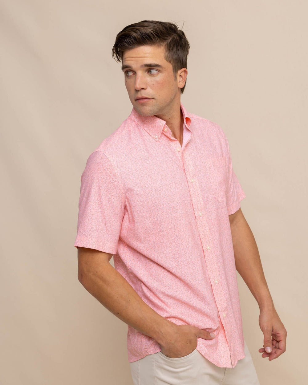 The front view of the Southern Tide brrr Intercoastal What the Shell Short Sleeve Sportshirt by Southern Tide - Conch Shell