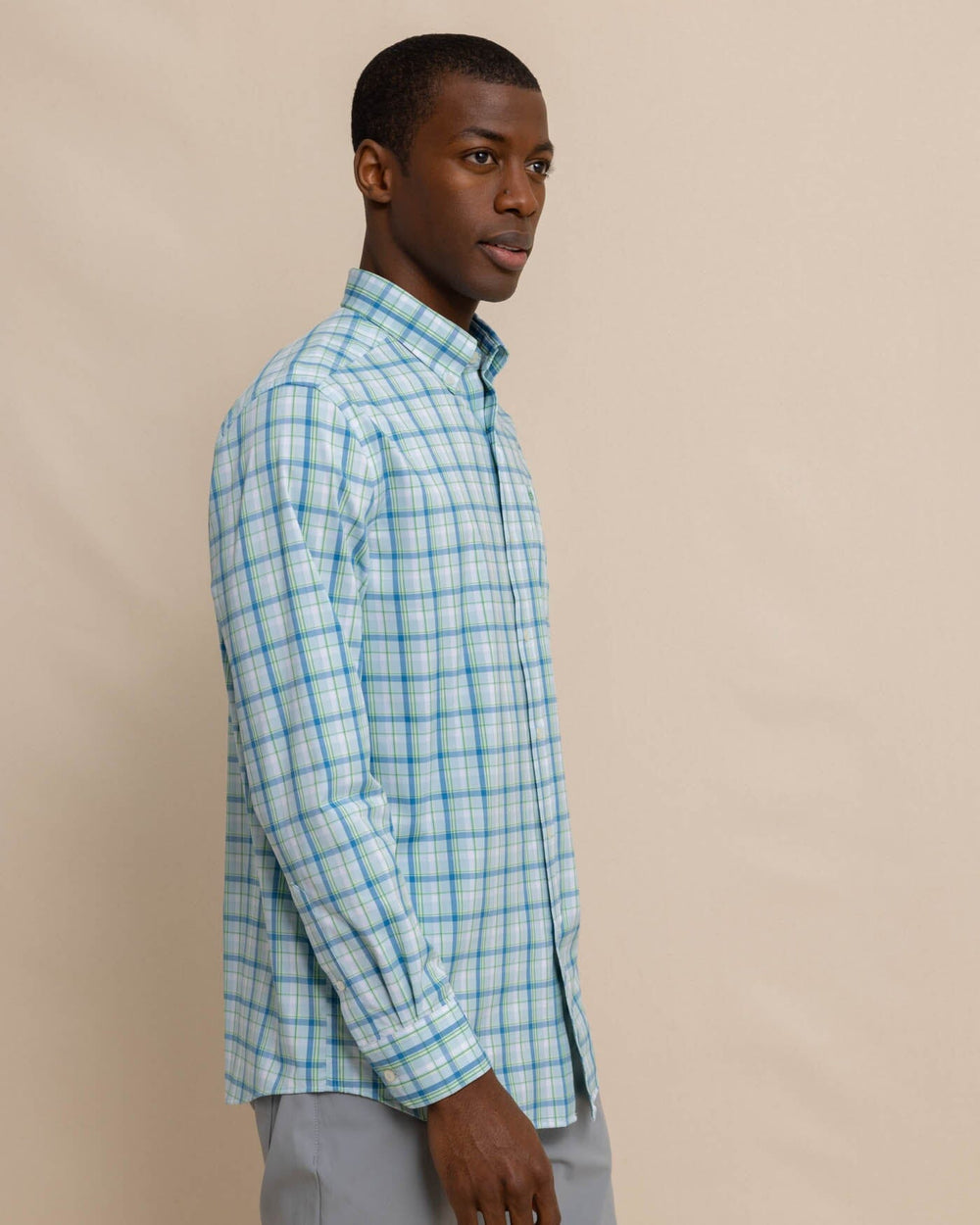 The front view of the Southern Tide brrr Whalehead Plaid Intercoastal Sport Shirt by Southern Tide - Chilled Blue