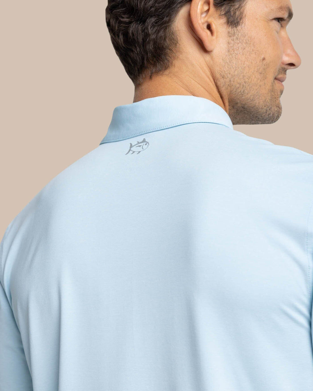 The yoke view of the Southern Tide brrr-eeze Heather Performance Polo Shirt by Southern Tide - Heather Dream Blue