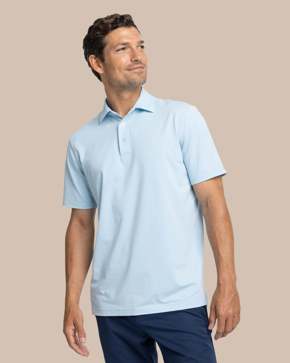 The front view of the Southern Tide brrr-eeze Heather Performance Polo Shirt by Southern Tide - Heather Dream Blue